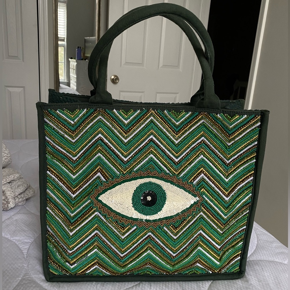 Square Beaded Evil Eye Tote Bag - Evergreen